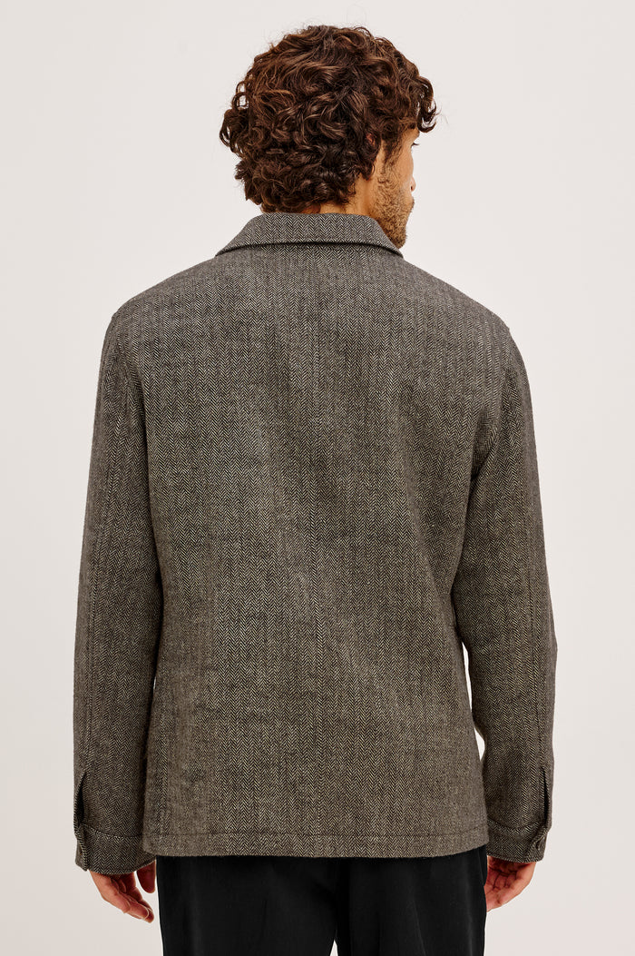 Pascal Chore Jacket in Wool Blend Tweed WIth Collar, Front Buttons, Long Sleeves, Front Patch Pockets, and Fully Lined in Highland Tweed Colorway - Upper Body Back View Featured on Model