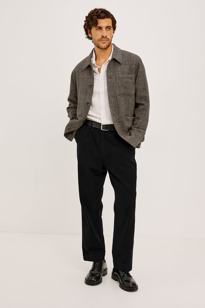 Pascal Chore Jacket in Wool Blend Tweed WIth Collar, Front Buttons, Long Sleeves, Front Patch Pockets, and Fully Lined in Highland Tweed Colorway - Full Body Front View Featured on Model