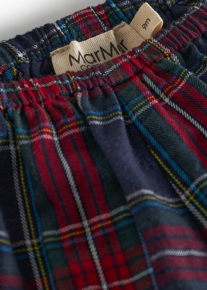 Dark blue and red checked bloomers with elastic waist and leg openings for baby