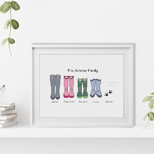 Personalised Welly Family DIY Cross Stitch Pattern by Peppermint Purple