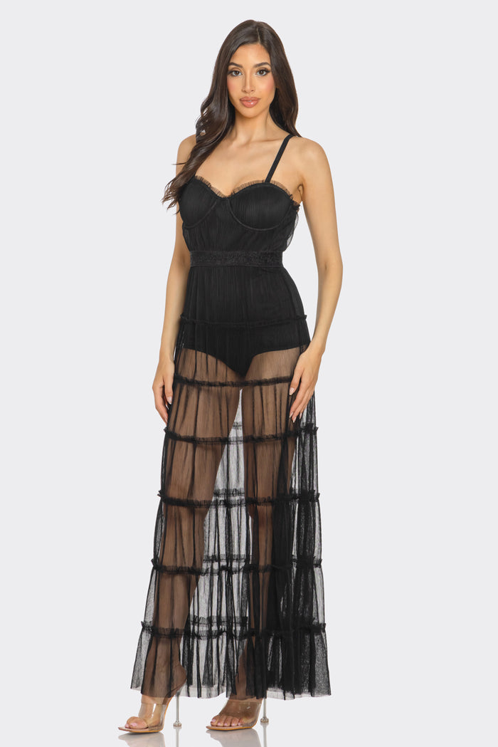 Pleated Organza Sweetheart Sheer Maxi Dress