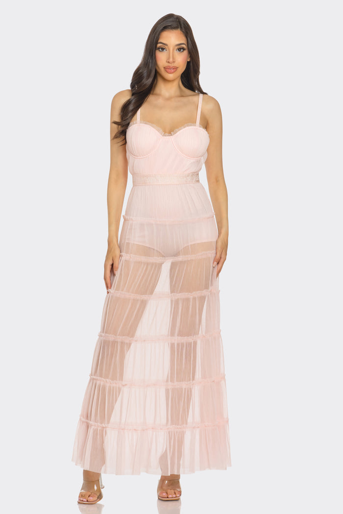 Pleated Organza Sweetheart Sheer Maxi Dress