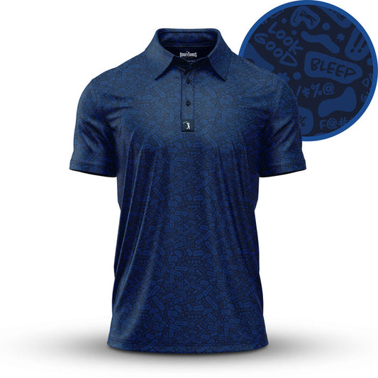 The Potty Mouth - Polo is a navy blue, athletic-fit polo featuring a subtle abstract doodle pattern with playful words like LOOK GOOD and BLEEP. It has UPF 50 protection, a classic collar, and short sleeves.