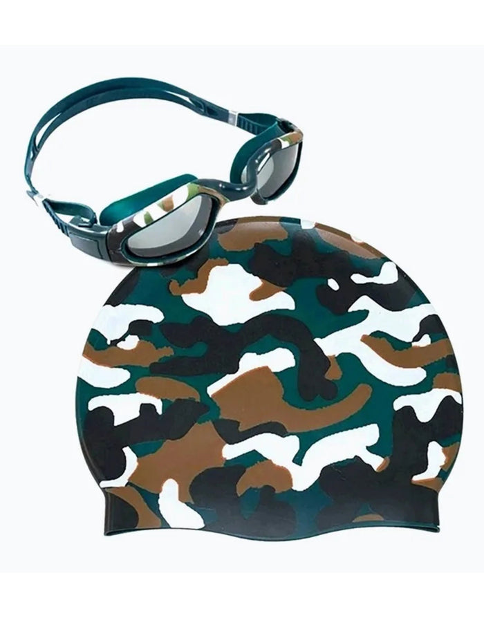 Adult Silicone Swimming Cap & Goggle Set - Camo