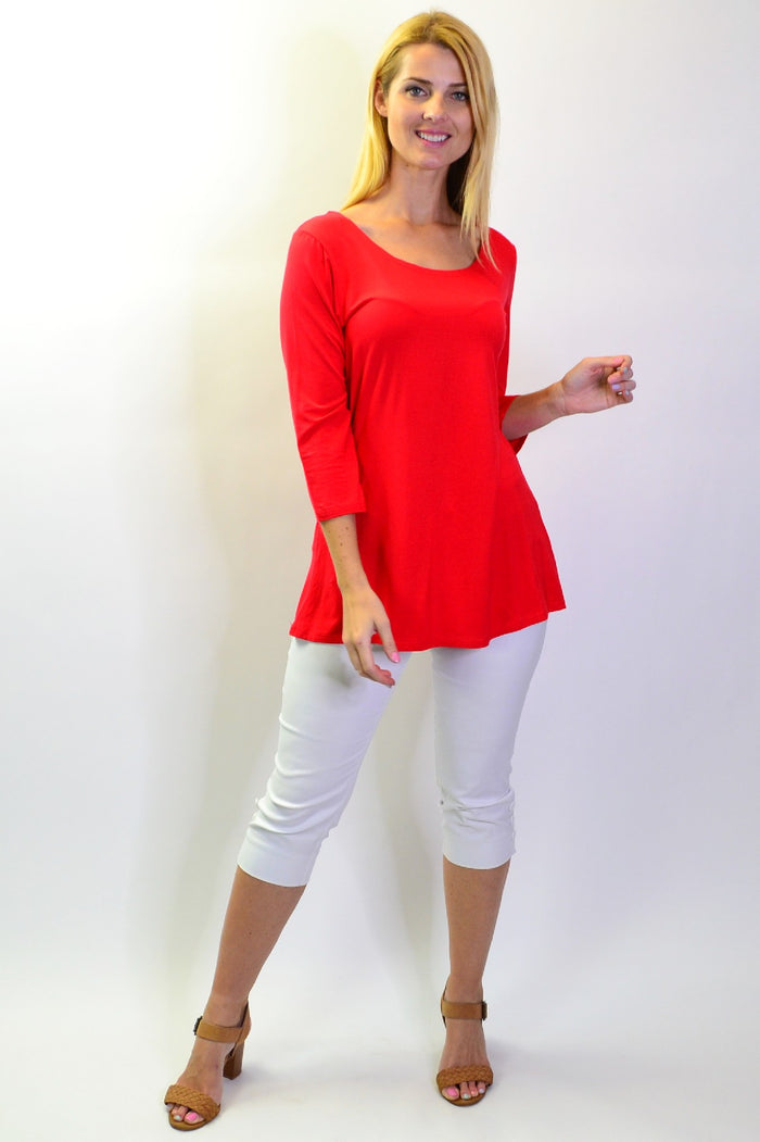 Red bamboo fabric 3/4 sleeve jersey tunic top by La Bay, showcasing a comfortable, casual basic design.