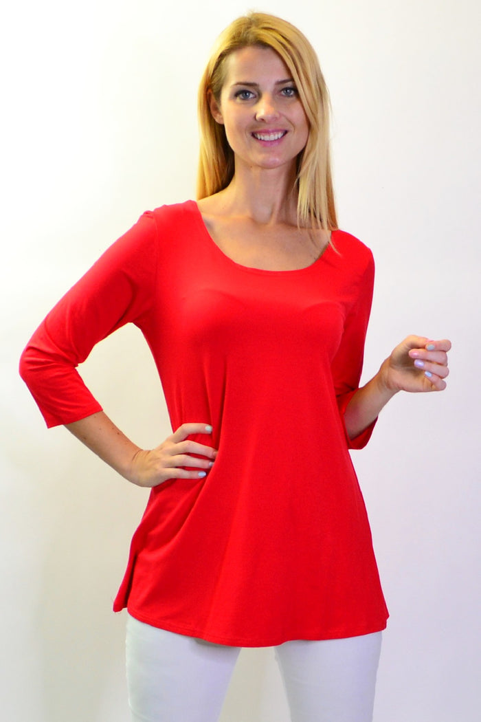 Red bamboo jersey tunic top with 3/4 sleeves from La Bay, showcasing a simple, comfortable basics style.