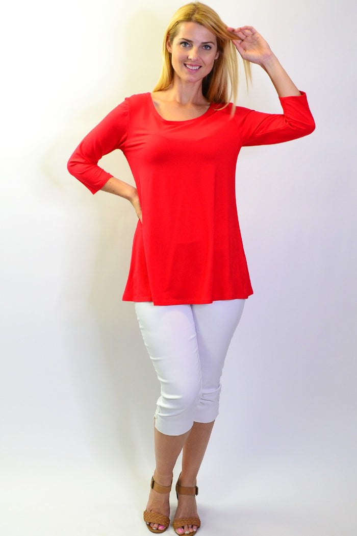 Red La Bay bamboo 3/4 sleeve jersey tunic top with a relaxed fit, featuring a simple, comfortable design and a round neckline.