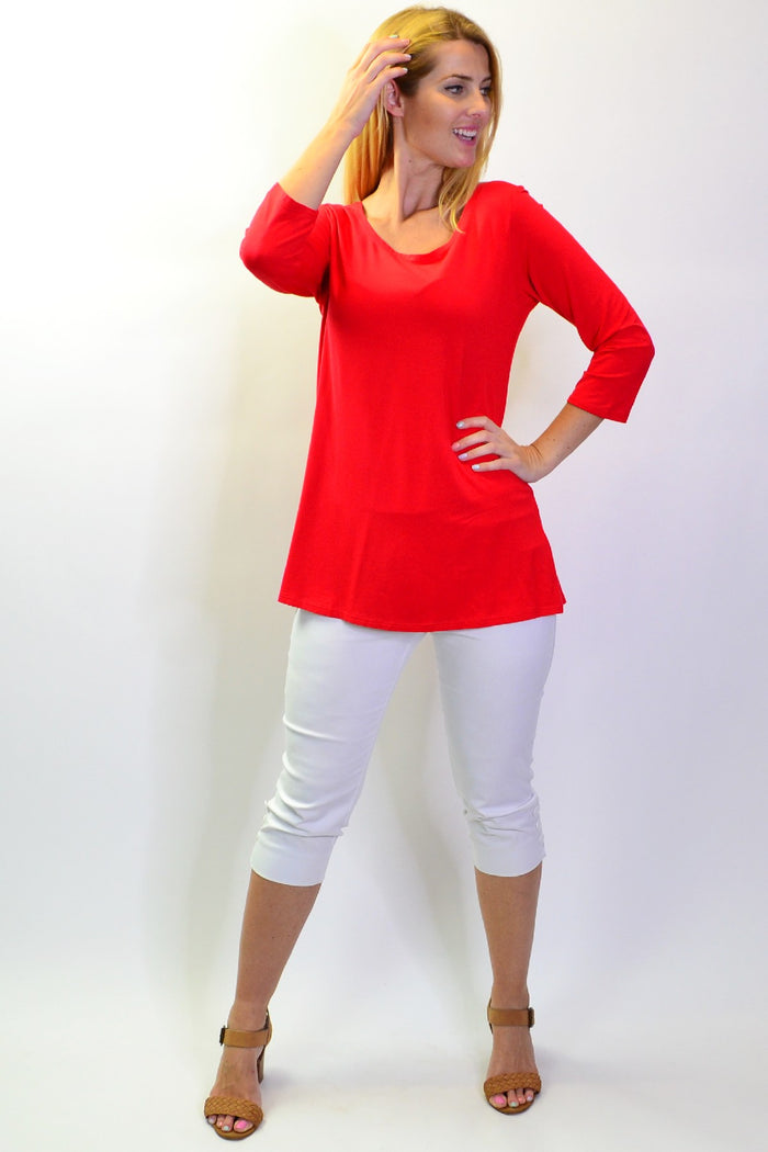 Red basic bamboo 3/4 sleeve jersey tunic top by La Bay, featuring a comfortable fit and simple style for everyday wear.
