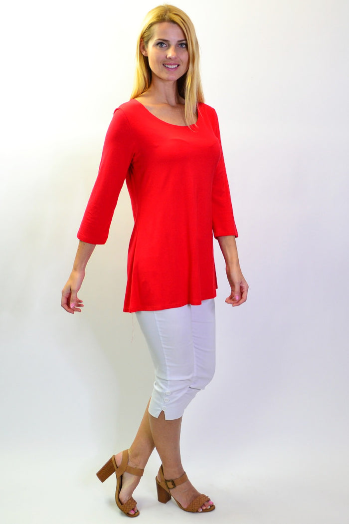Red bamboo 3/4 sleeve Jersey tunic top by La Bay, casual basic with comfortable fit and simple design.