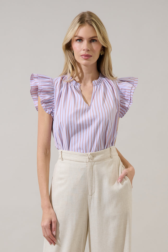 Risette Ruffle Split Neck Top Marvia Stripe