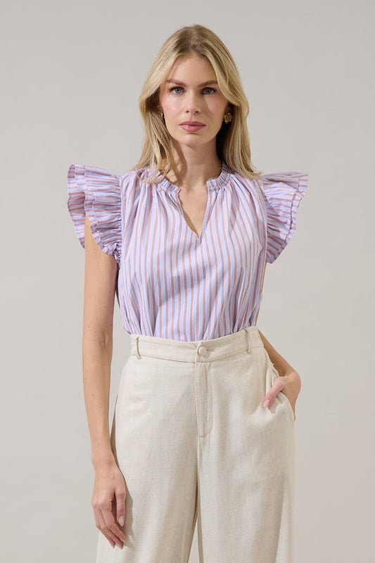 Risette Ruffle Split Neck Top Marvia Stripe