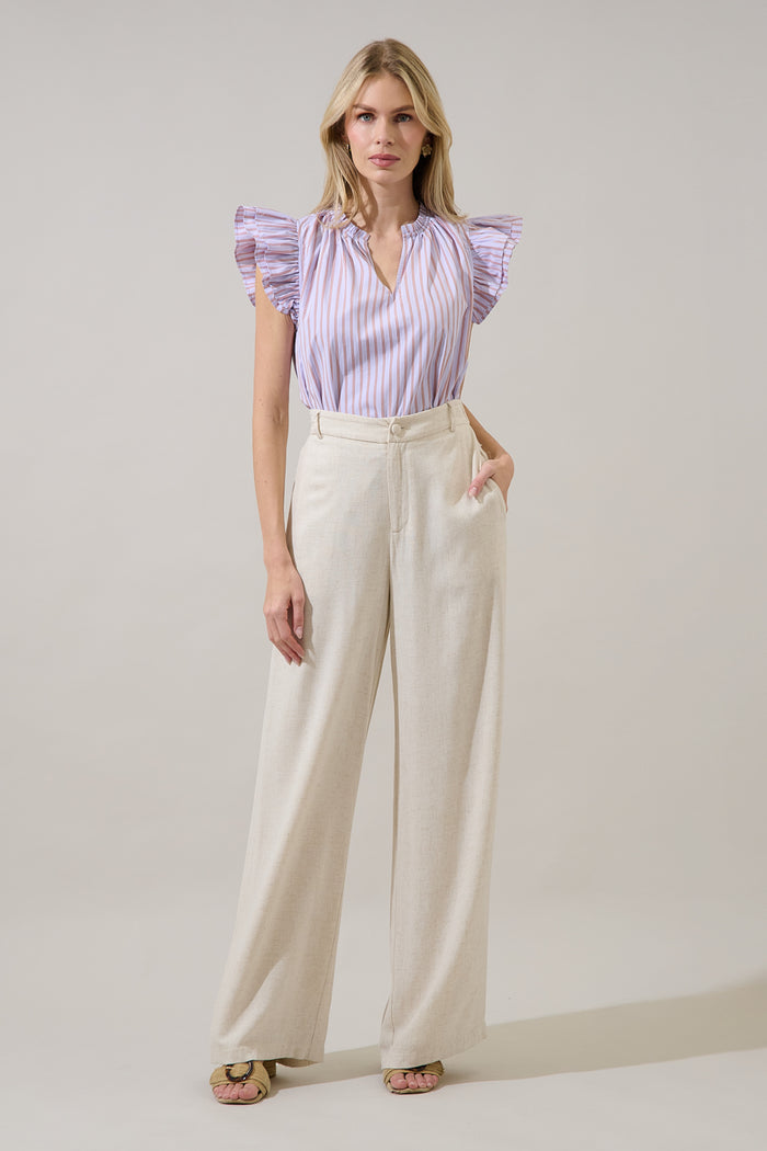 Risette Ruffle Split Neck Top Marvia Stripe
