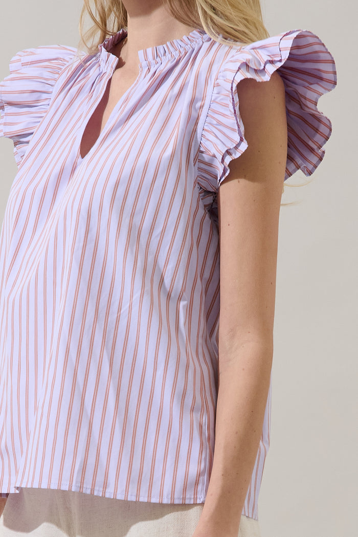 Risette Ruffle Split Neck Top Marvia Stripe