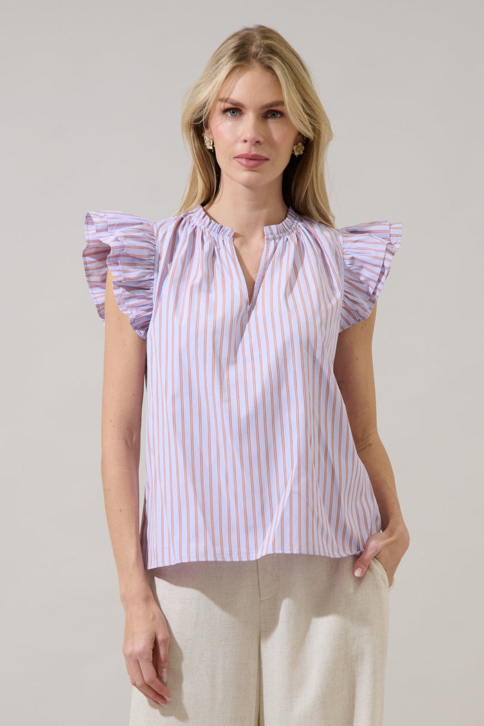Risette Ruffle Split Neck Top Marvia Stripe