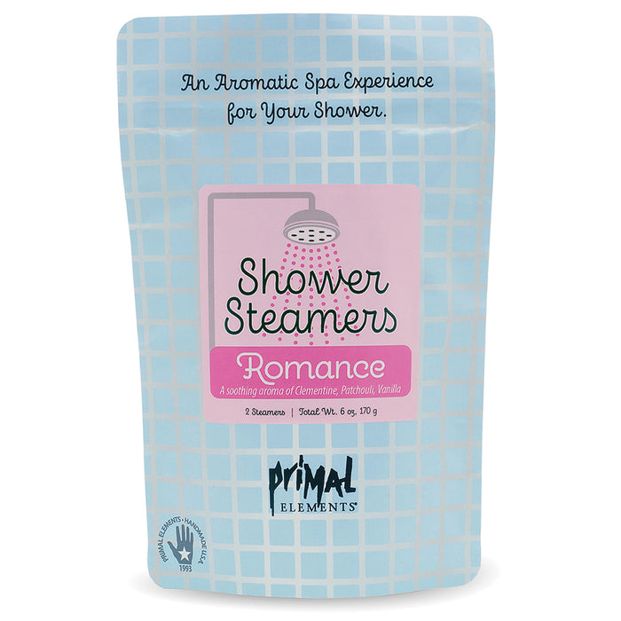 Package of Romance Shower Steamer | Primal Elements featuring a soothing blend of clementine, patchouli, and vanilla for an aromatic spa experience during showers.