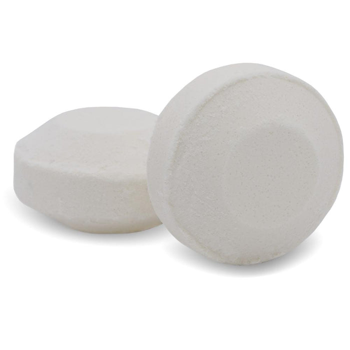Two white round shower steamer tablets with a smooth texture, designed for aromatherapy and relaxation in the shower, labeled Romance Shower Steamer | Primal Elements.
