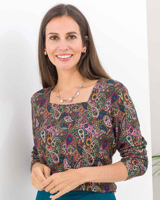 Rosalyn Patterned Viscose Long Sleeve Square Neck Top - Image 1 - The Classic Boutique