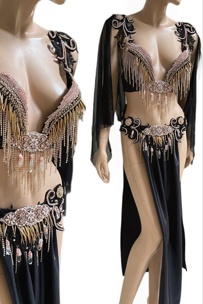 Rose Gold Roman Goddess Top and Skirt with Rhinestone Fringe