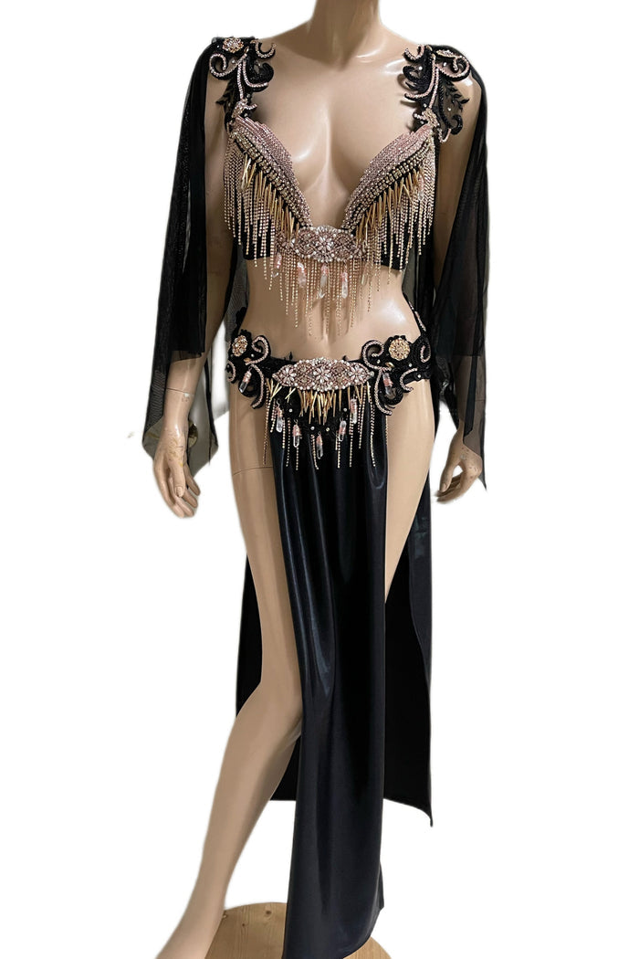 Rose Gold Roman Goddess Top and Skirt with Rhinestone Fringe