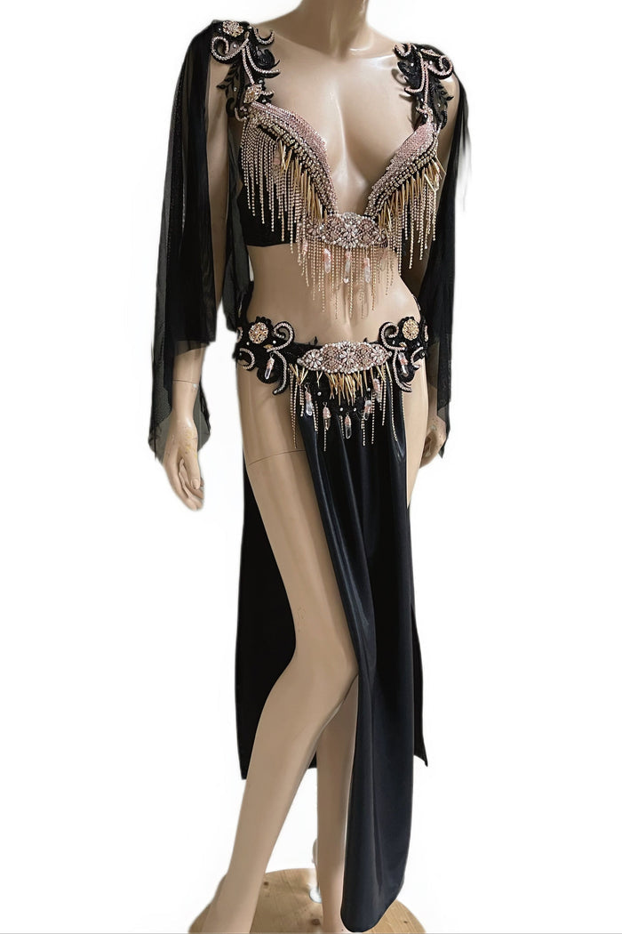 Rose Gold Roman Goddess Top and Skirt with Rhinestone Fringe