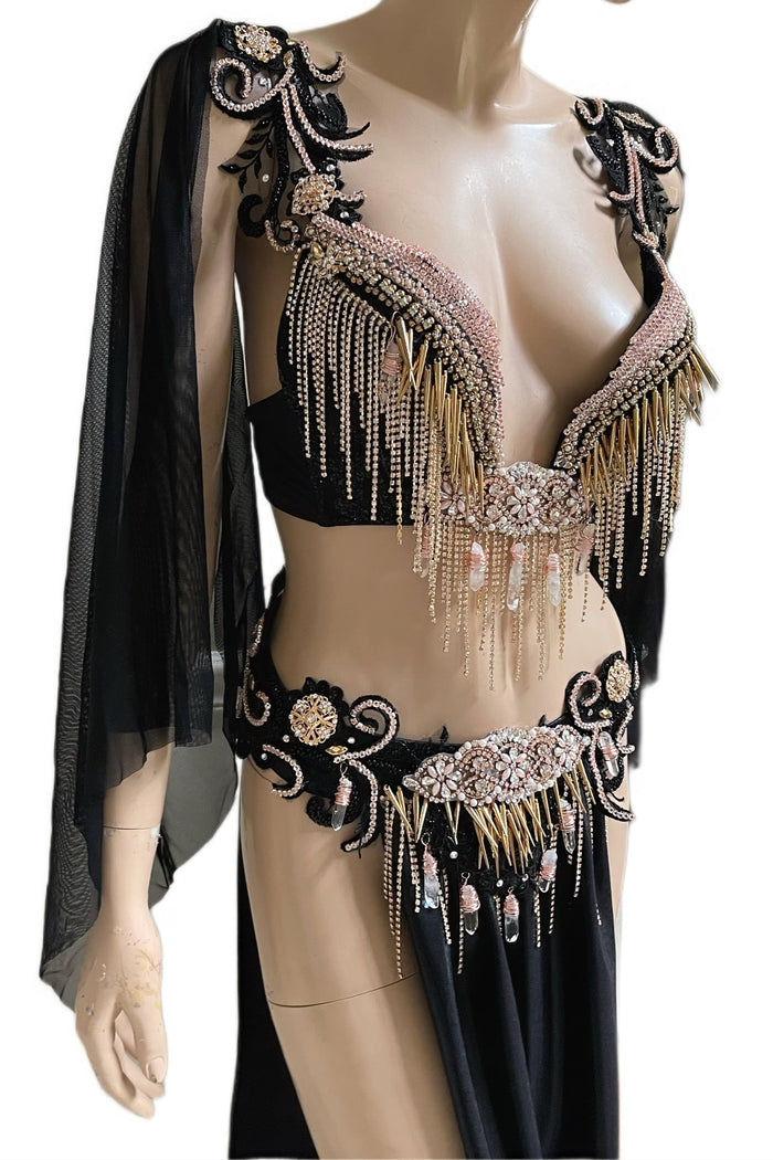 Rose Gold Roman Goddess Top and Skirt with Rhinestone Fringe