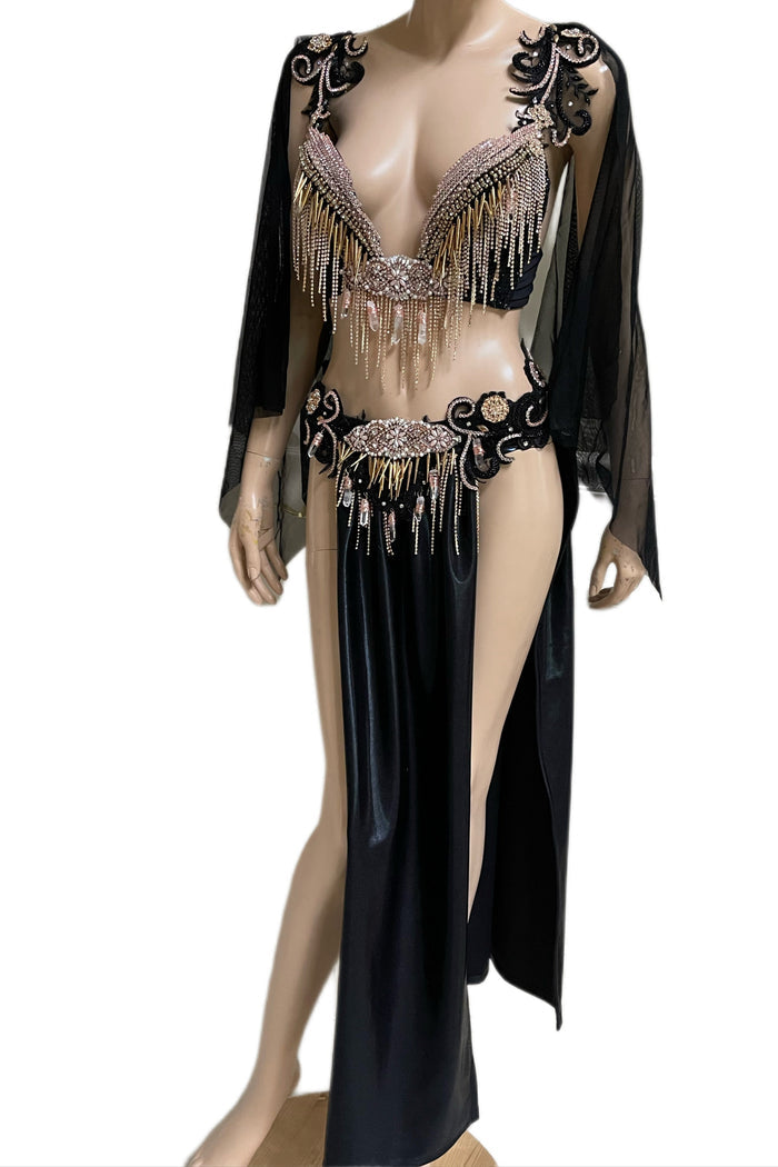 Rose Gold Roman Goddess Top and Skirt with Rhinestone Fringe