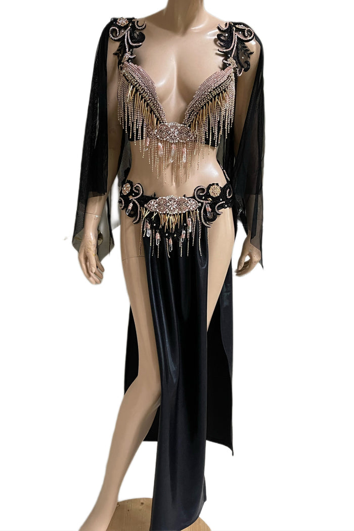 Rose Gold Roman Goddess Top and Skirt with Rhinestone Fringe