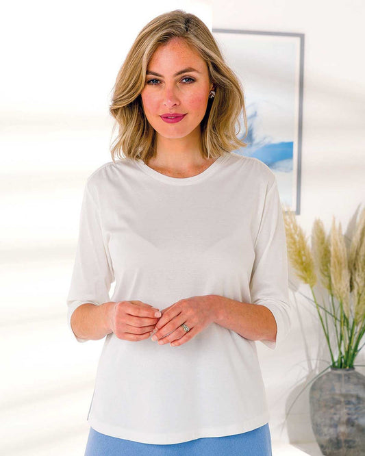Roxanne Ruched Shoulder 3/4 sleeve Top - White - The Classic Boutique