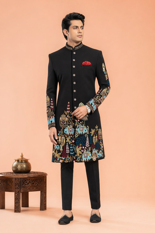 Royal Noir Elephant Embroidered Indo Western for Men