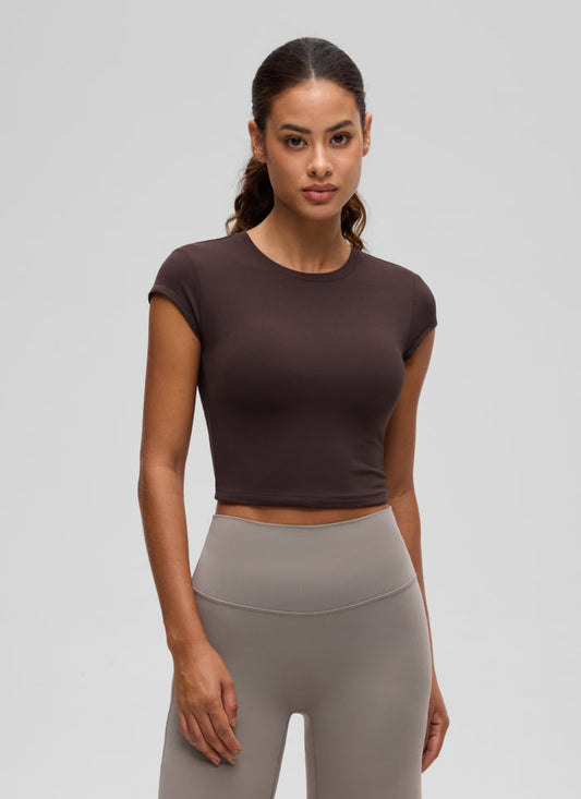 CRZ YOGA Women's Softembrace Casual Crop Double Lined Cap Sleeve Tops Hot Fudge Brown