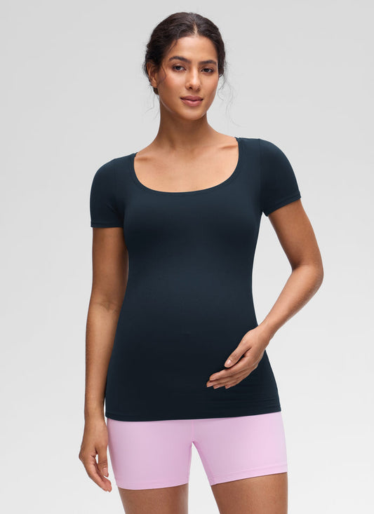 CRZ YOGA Women's Softembrace Maternity Casual U Neck Short Sleeve True Navy