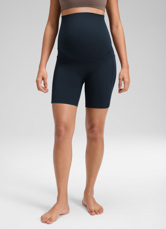 CRZ YOGA Softretch Maternity Yoga No Front Seam Pocket Biker Shorts 6" True Navy