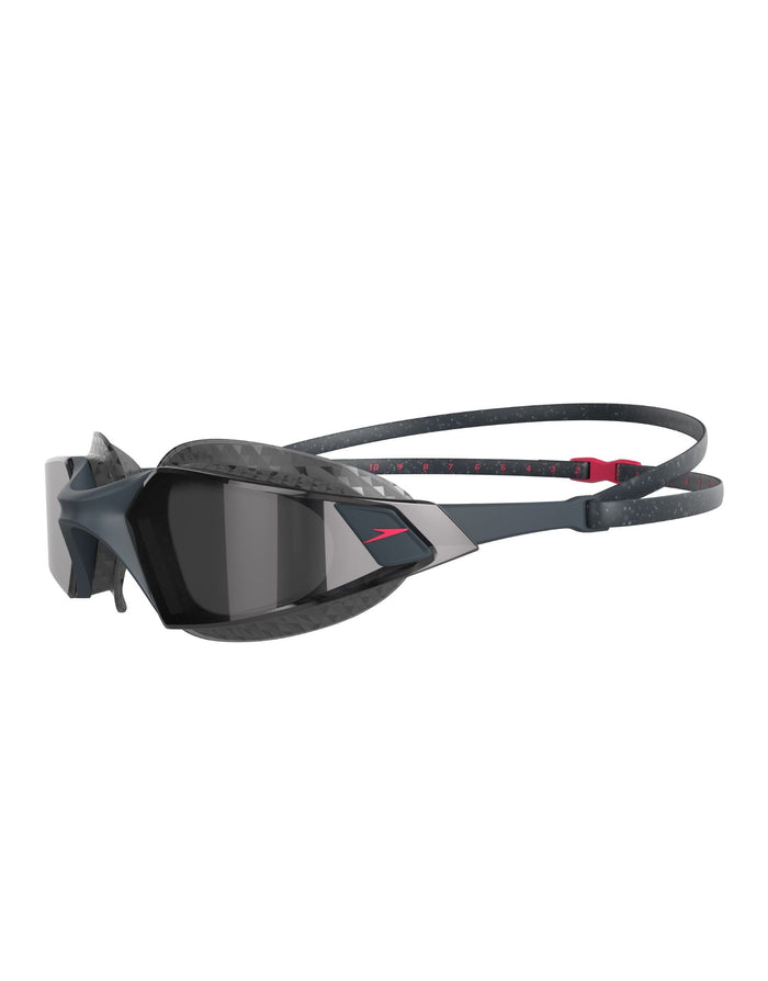 Speedo Aquapulse Pro grey smoke swim goggles with red accents