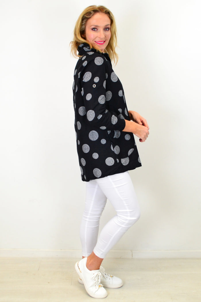 Hourglass spotty wood pocket high collar tunic shirt, front view showing high collar, wood pocket detail, and tunic length.