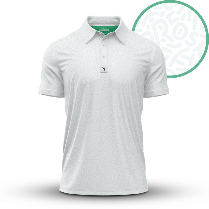 The Stealth Mode - Light - Polo is a white, athletic-fit short-sleeve shirt with a subtle light grey abstract swirl pattern, collar, three-button placket, and a small logo on the placket.