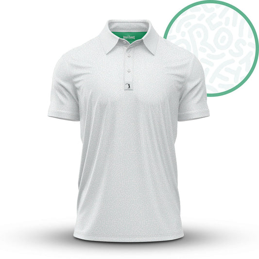 The Stealth Mode - Light - Polo is a white, athletic-fit short-sleeve shirt with a subtle light grey abstract swirl pattern, collar, three-button placket, and a small logo on the placket.