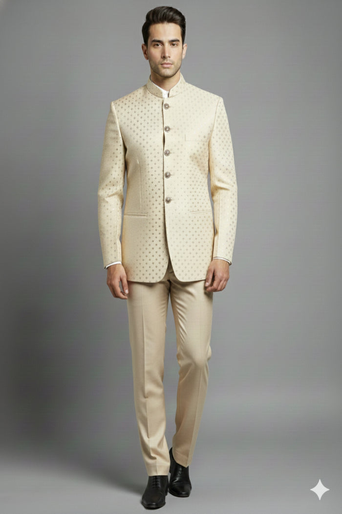 Stitched Designer Suit With Unstitched Pant Fabric – Cream Gold Dot