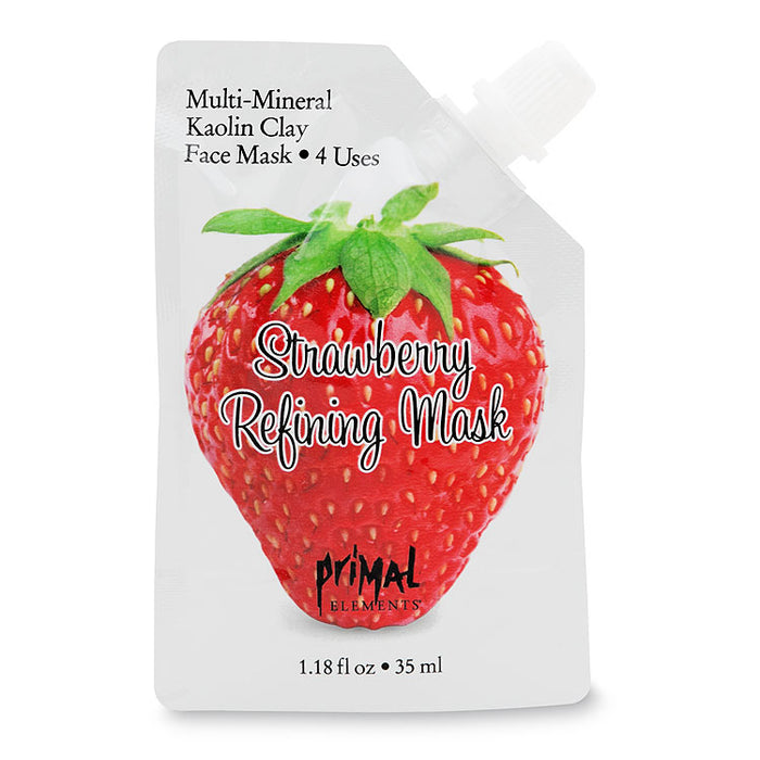 Strawberry Refining Face Mask | Primal Elements in a squeezable pouch featuring multi-mineral kaolin clay for skincare and refreshing facial treatment.