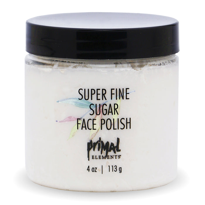 Jar of Super Fine Sugar Face Polish | Primal Elements with a black lid, designed for skincare exfoliation and gentle face polishing.