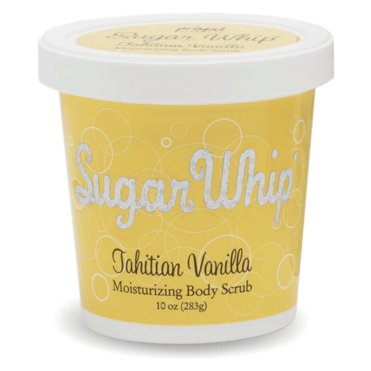 Container of Tahitian Vanilla Sugar Whip Moisturizing Body Scrub in bright yellow packaging with white lid, featuring "Tahitian Vanilla Sugar Whip Body Scrub 10 oz | Primal Elements" branding for skincare and body care.