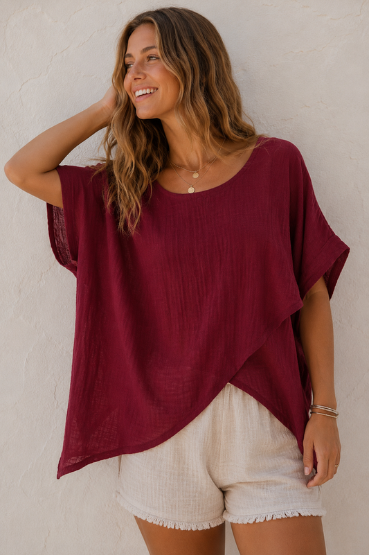 Tessa Cotton Cross Layering Top Burgundy