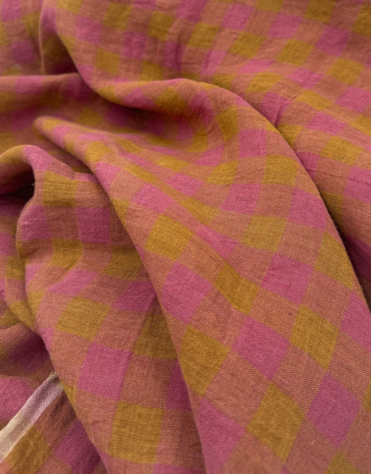 Tropea Washed Linen Check Fabric, Ochre & Pink