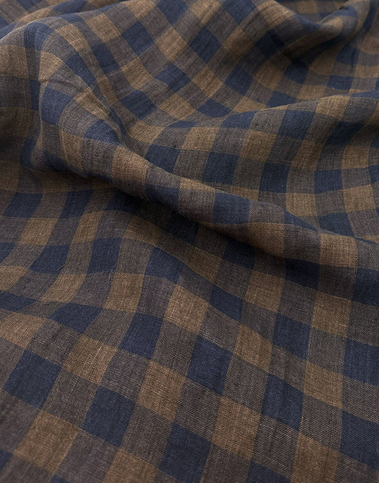 Tropea Washed Linen Check Fabric, Tobacco & Navy