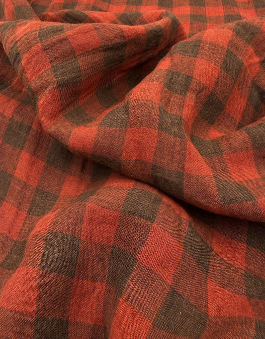 Tropea Washed Linen Check Fabric, Tobacco & Red