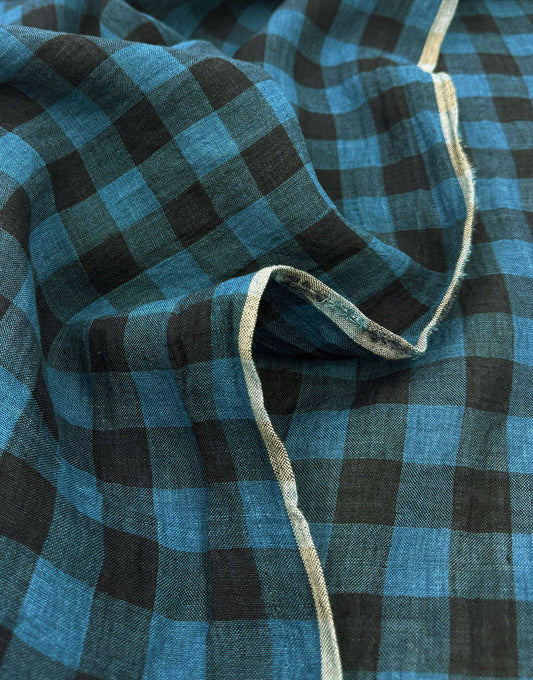 Tropea Washed Linen Check Fabric, Turquoise & Navy