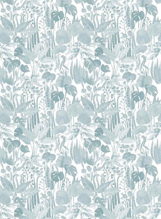 Tropicalia is a minimalist wallpaper by Opposite Wall of a variety of tropical plant leaves.