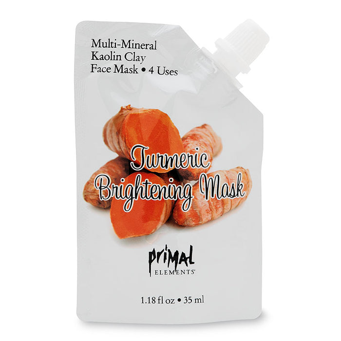 Packaging of Tumeric Brightening Face Mask | Primal Elements featuring turmeric root image and text highlighting multi-mineral kaolin clay and four uses for skincare and wellness.