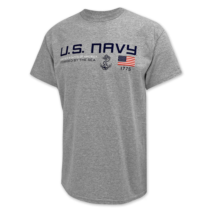U.S. Navy Flag Icon Forged By The Sea T-Shirt (Grey)