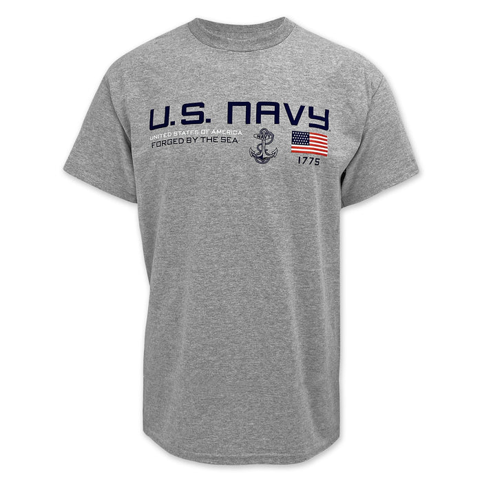 U.S. Navy Flag Icon Forged By The Sea T-Shirt (Grey)