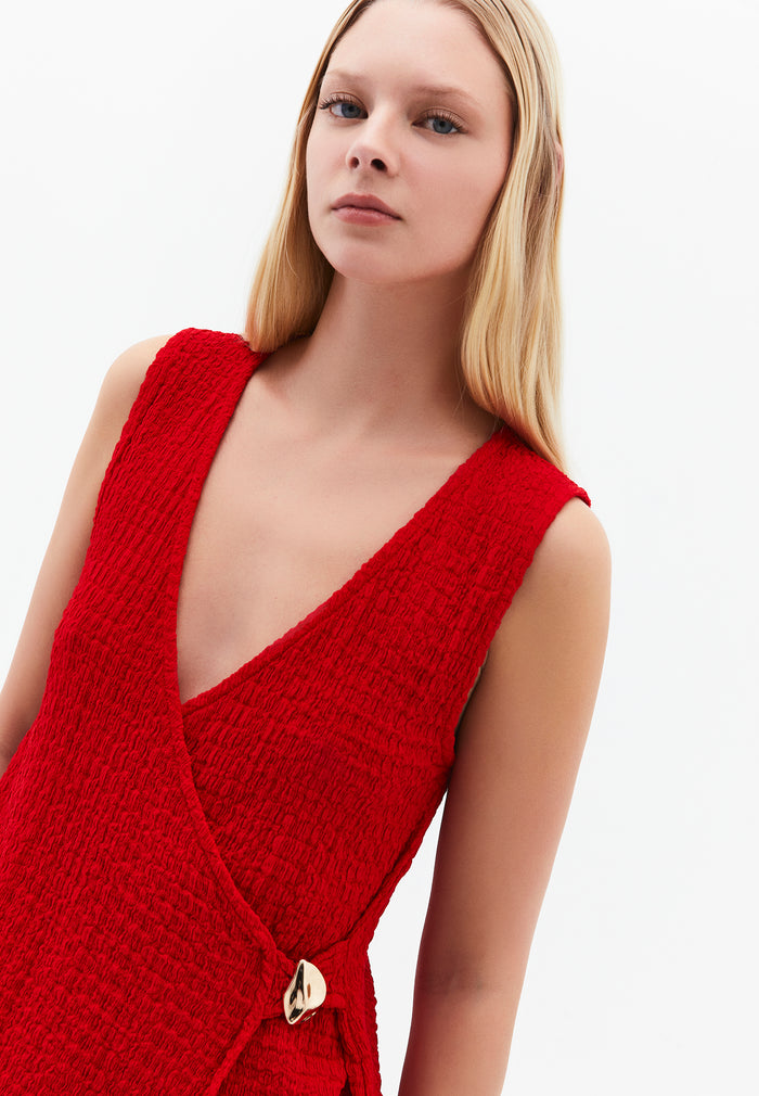 V Neck Blouse Without Sleeve Detail - RACING RED